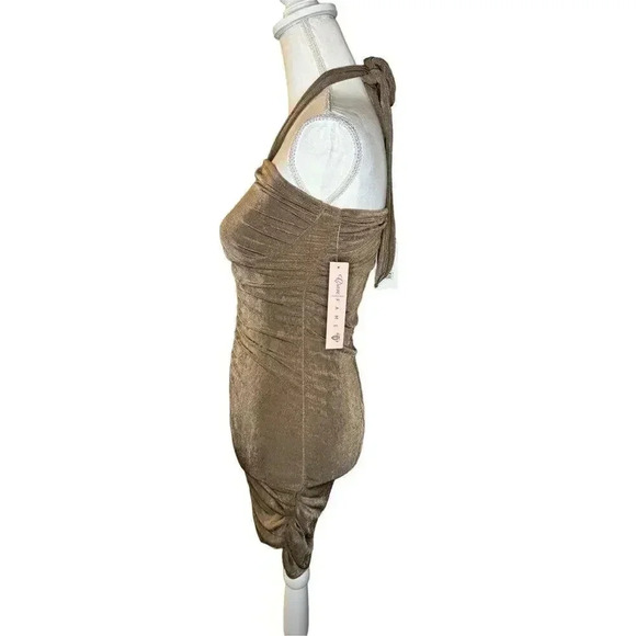 NEW Crave Fame Size Medium Brown Cut Out Ruched Tie Neck Sleeveless Halter Dress - Picture 2 of 4